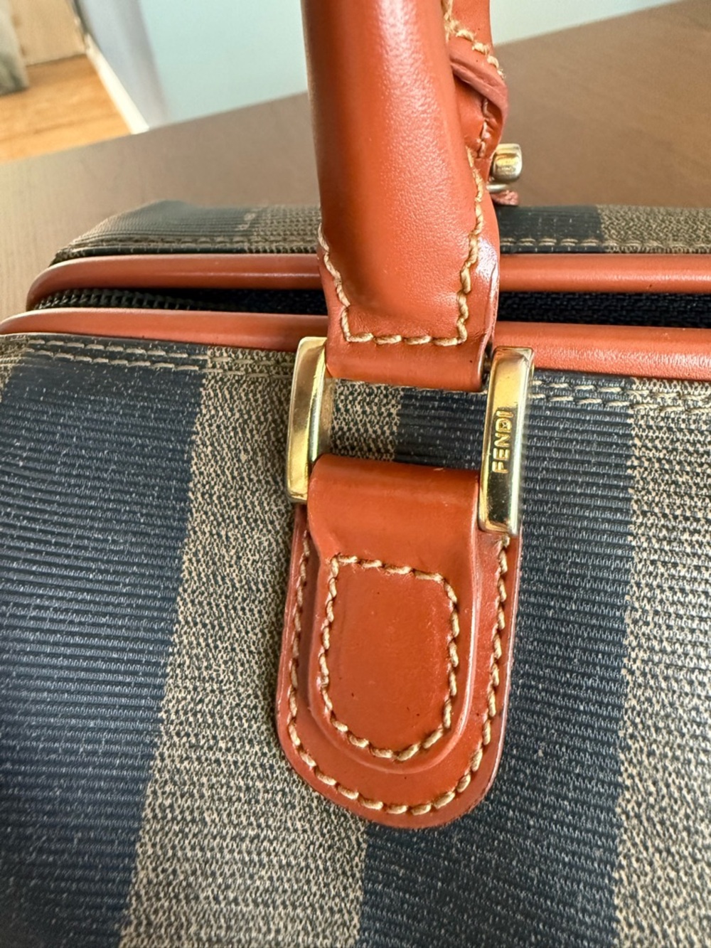 Fendi Brown and Black Striped Canvas Shoulder Bag with Tan Leather Trim - Picture 4 of 16